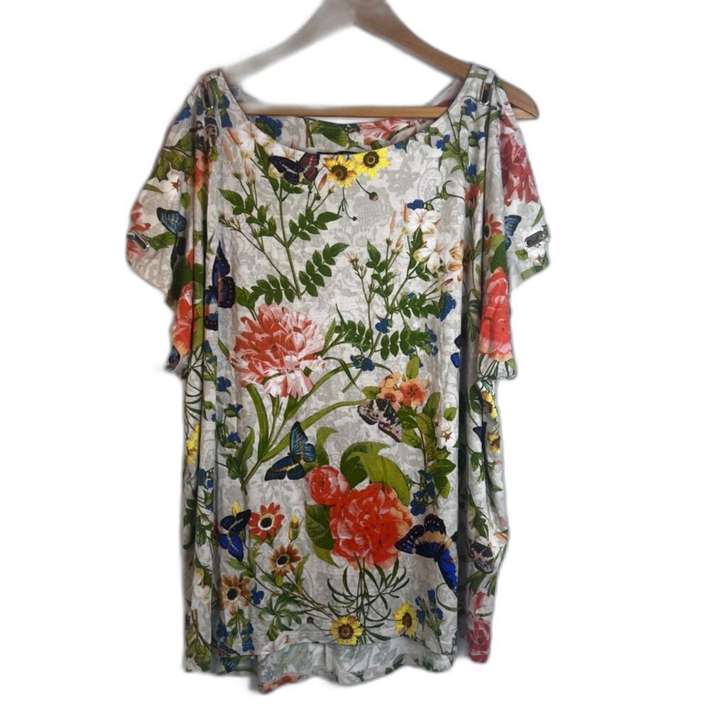 Cable & Gauge Floral Garden Print Split Shoulder‎ Blouse Boho Size XL/1X*